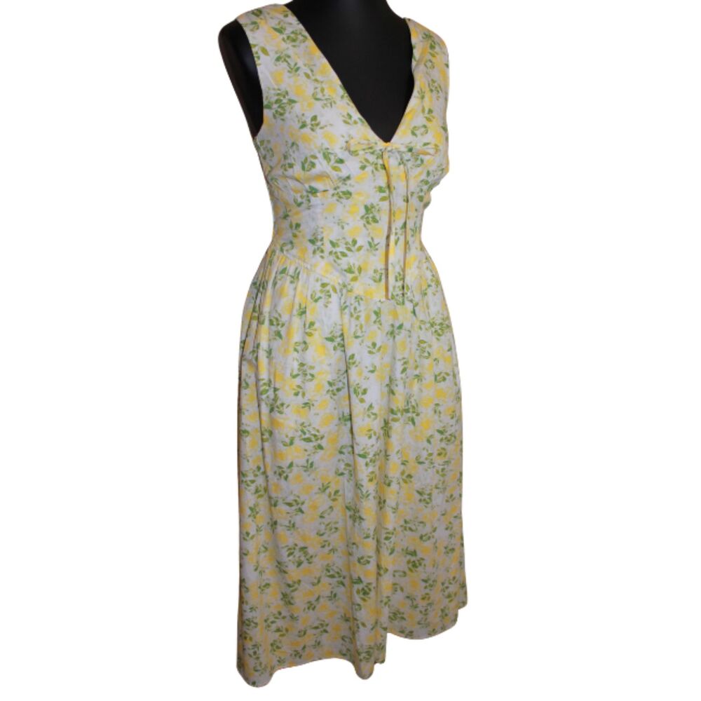 100% Cotton Yellow Floral Cotton Midi Dress Pockets XS